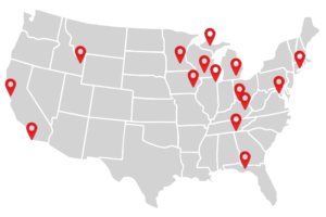 map of the united states with red pins marking college where students come from
